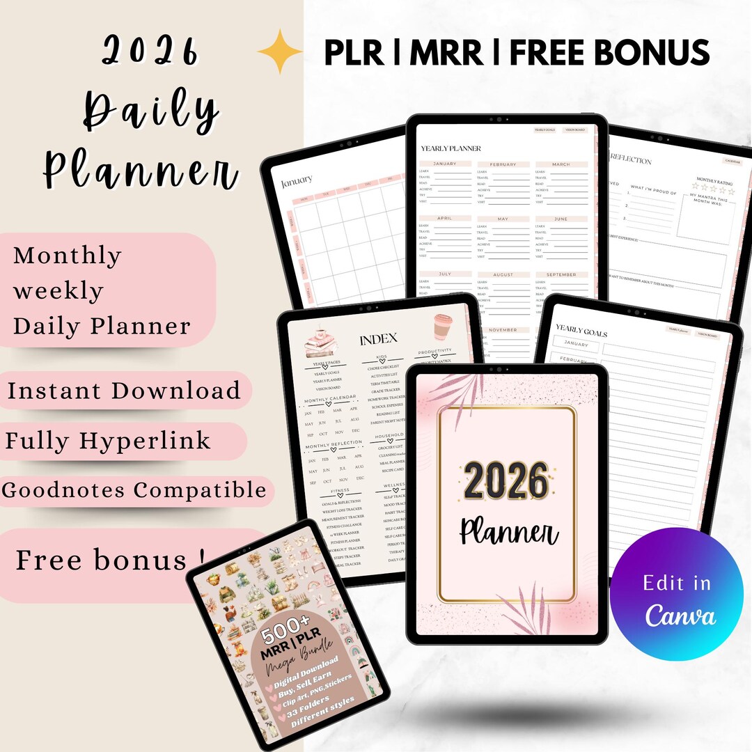 2026 Digital Planner PLR, Editable Canva Planner, Undated Hyperlinked ...