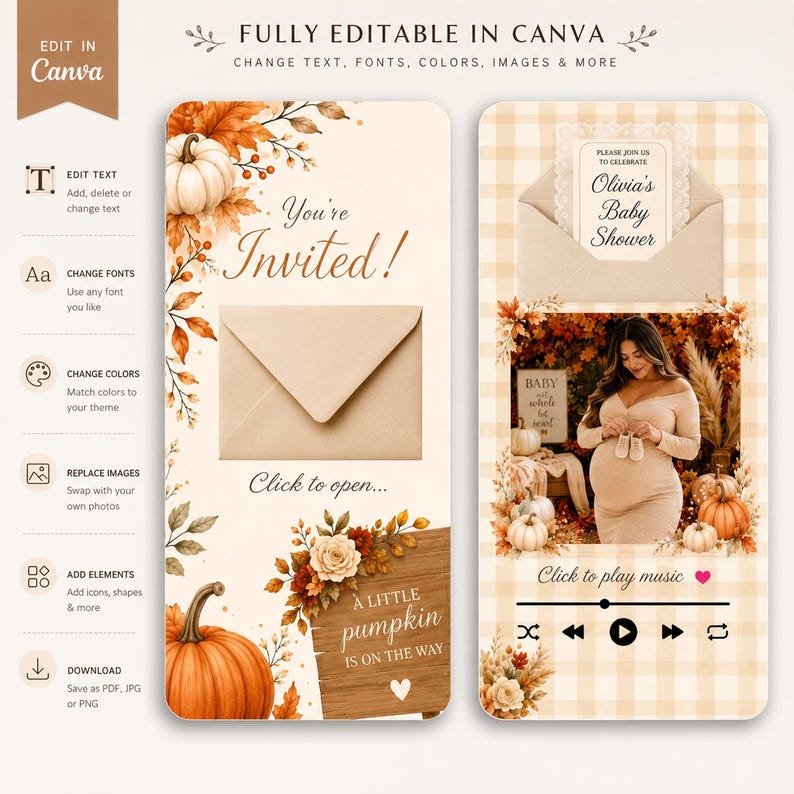 May include: A digital baby shower invitation template featuring autumn-themed graphics with pumpkins, fall leaves, and flowers. The design includes an envelope icon, text reading 'You're Invited!', 'A little pumpkin is on the way', and a music player interface.