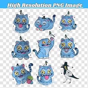Puede incluir: Una colección de gatos de dibujos animados azules con ojos amarillos, que llevan sombreros e interactúan con un pájaro. Los gatos tienen la lengua fuera y están en varias poses. El texto "High Resolution PNG Image" está en la parte superior.