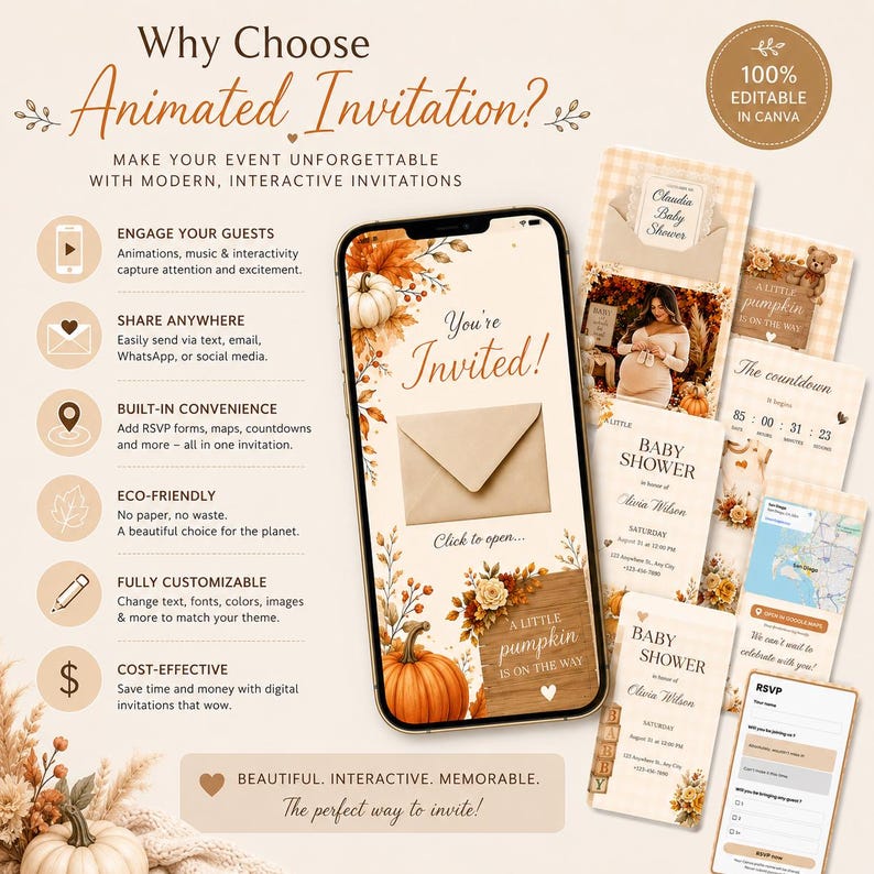 May include: A digital marketing graphic for an animated invitation template featuring a smartphone displaying a fall-themed baby shower invite with pumpkins and leaves. The graphic includes text explaining features like interactivity, shareability, and customization.