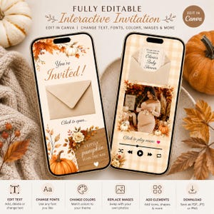 May include: Two smartphones displaying a digital baby shower invitation template with autumn themes. The screens show envelopes, fall foliage, pumpkins, and a photo of a pregnant person. Text includes "You're Invited!", "Click to open", and "A little pumpkin is on the way".