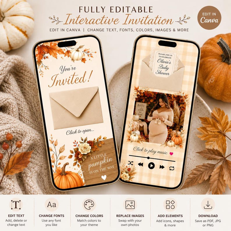 May include: Two smartphones displaying a digital baby shower invitation template with autumn themes. The screens show envelopes, fall foliage, pumpkins, and a photo of a pregnant person. Text includes "You're Invited!", "Click to open", and "A little pumpkin is on the way".