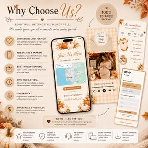 May include: A digital baby shower invitation template displayed on a smartphone and two vertical screens, featuring autumn pumpkin graphics, a map, a countdown timer, and an RSVP form. The design includes text such as Why Choose Us, Join Us Here, and The countdown.