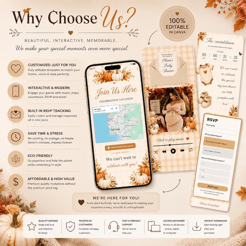 May include: A digital baby shower invitation template displayed on a smartphone and two vertical screens, featuring autumn pumpkin graphics, a map, a countdown timer, and an RSVP form. The design includes text such as Why Choose Us, Join Us Here, and The countdown.