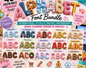 May include: A digital font bundle featuring 45 unique alphabet styles including puffy clouds, denim, donuts, and balloons. The graphic displays the text ALPHABET Font Bundle, PLR & MRR rights included, and highlights editable Canva files.