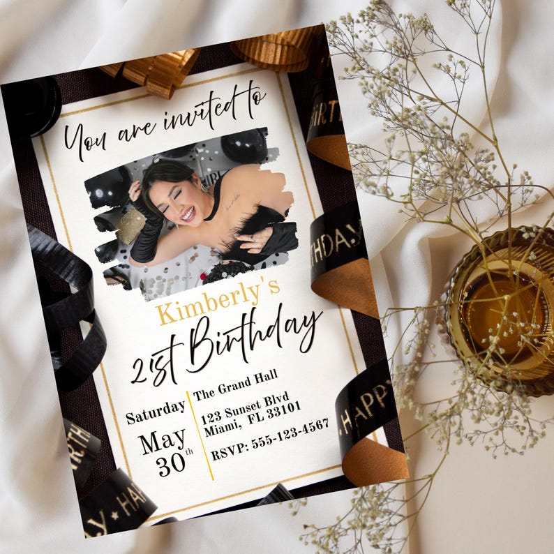 Editable 21st Birthday Invitation Template, Black & Gold Glam Party ...