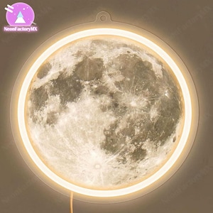 Letrero de neón LED de luna, luz de neón de luna con impresión UV, luz de noche de luna llena, luz de pared LED lunar, decoración de habitación infantil, arte de pared para cueva de hombre, regalo para ella