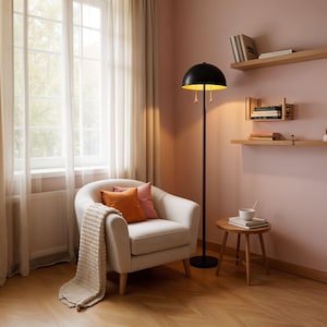 Modern Floor Lamp Black & Gold Dome Shade, Dual Pull Chains