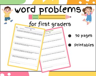 May include: A colorful educational worksheet for first graders with word problems. The image includes two worksheets, a pencil, and the text "90 pages" and "Printables". The worksheets are yellow and pink.