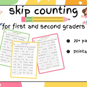 May include: Educational worksheets for first and second graders, featuring the text "skip counting" and a pencil illustration. The image shows worksheets in green, yellow, and pink, with maths problems. Includes "20+ pages" and "Printables".