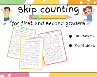 May include: Educational printable worksheets for first and second graders. The image features the text "skip counting" with a pencil illustration. Worksheets are in green, yellow, and pink, with math problems. Includes "20+ pages" and "Printables".