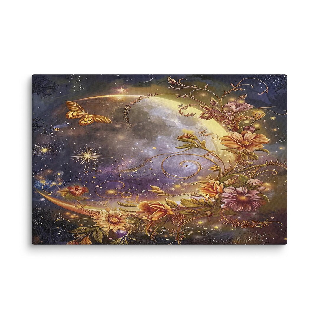 Canvas Wall Art Celestial Moon Garden Floral Cosmic Botanical Decor ...