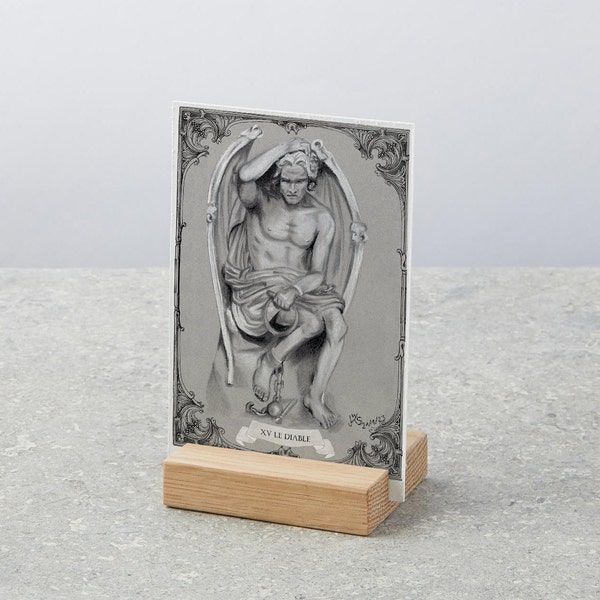 Le Genie Du Mal - The Devil - Lucifer | Tarotcard with oak stand | Altar Decoration