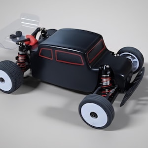 以下が含まれることがあります： 赤色のトリムと白いホイールが付いた黒色のラジコンカー。車には透明なスポイラーと目に見えるサスペンションがあります。タイヤは黒色で、テクスチャパターンがあります。この車は、スピードとオフロードでの使用のために設計されています。