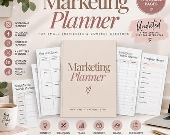 May include: A marketing planner set with 39 printable pages, featuring a central undated planner book, various content schedule sheets, and social media planning templates. The design uses a neutral beige color palette with brown text.