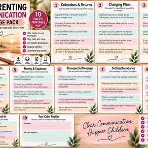 May include: A printable PDF co-parenting communication message pack featuring ten pages of templates for real-life situations. The document includes sections for collections, returns, changing plans, cancellations, school activities, money, boundaries, and calm replies.