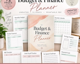 Pode incluir: Um planejador de orçamento e finanças em PDF imprimível de 72 páginas, com uma capa central com detalhes em aquarela. Inclui modelos para orçamentos mensais, calendários, despesas semanais, rastreadores de contas, dívidas e metas financeiras.
