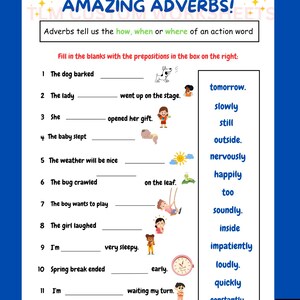 Werkblad bijwoorden voor 2e/3e leerjaar, invuloefening grammatica