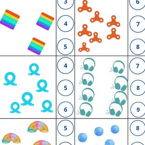 May include: A colorful educational chart with various objects like fidget toys, headphones, and slinkies. Each object is grouped and numbered, with the numbers ranging from 3 to 9. The chart is designed for learning and counting.