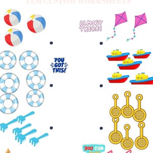 May include: A colorful worksheet with illustrations of beach balls, life preservers, rakes, kites, boats, and slotted spoons. Text includes "YOU GOT THIS!", "ALMOST THERE!", and "YOU CAN DO IT!" for educational activities.