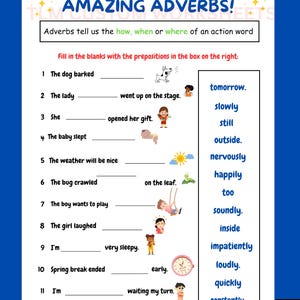 Könnte beinhalten: Ein Arbeitsblatt mit dem Titel „AMAZING ADVERBS!“ mit Lückentext-Fragen zu Adverbien. Das Arbeitsblatt hat farbenfrohe Illustrationen und eine Liste von Adverbien. Der Hintergrund ist ein leuchtendes Blau.