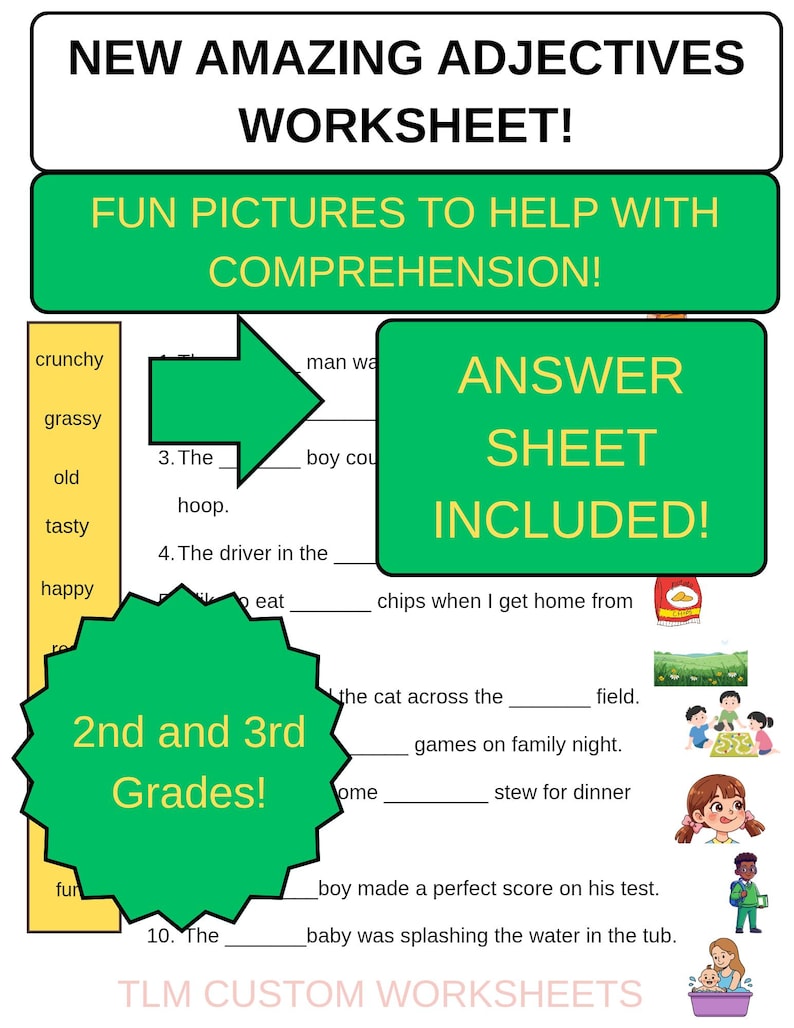 Adjective Help Adjectives Fill-in-the-blanks Worksheet for 2nd and 3rd Grades (answer ...