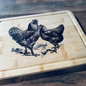 Planche à découper décorative de ferme de coq et de poule, planche à découper rustique