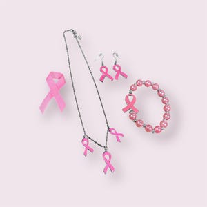 Collar, pulsera, pendientes y conjunto de cintas para el cáncer de mama. Joyas para el cáncer de mama.