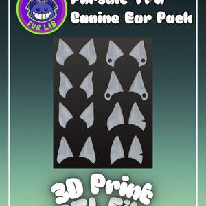 Pode incluir: Uma coleção digital de oito pares de orelhas caninas cinzentas para fursuits, rotulada como Fursuit TPU Canine Ear Pack e 3D Print STL File. O conjunto inclui várias formas de orelhas, algumas com recortes circulares ou entalhes.