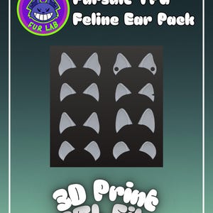 Puede incluir: Un archivo digital que contiene un paquete de orejas felinas de TPU para fursuit con ocho pares de orejas grises de diversas formas. La imagen incluye el texto Funky Fur Lab, Fursuit TPU Feline Ear Pack y 3D Print STL File sobre fondo oscuro.