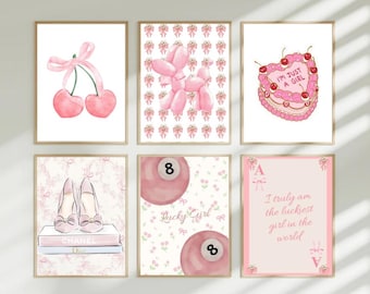 Pink Bows Wall Art Set of 6 Preppy Pink Posters Coquette Room Decor College Apartment Art Cute Girly Wall Art Prints