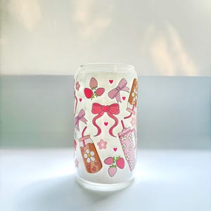 Cute Glass Cup Pink Bows Daisies Strawberries Libbey Iced Coffee Tumbler with Lid and Straw Aesthetic Cup Gift for Her
