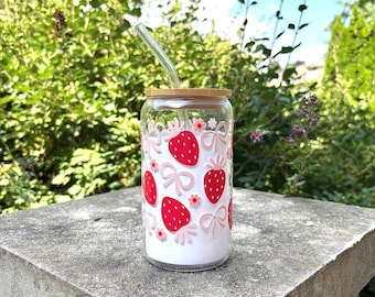 Strawberry Glass Cup with Straw and Lid Cute Iced Coffee Tumbler Aesthetic Pink Bow Libbey Can Cup for Her Gift Summer Drink Cup