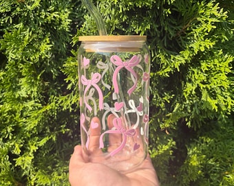 Coquette Pink Bow Glass Cup Cute Girly Iced Coffee Cup Libbey Glass with Lid Straw Pink Ribbon Cup Trendy Gift for Her Tea Boba Matcha Cups