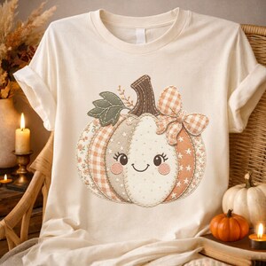 Pode incluir: Uma t-shirt de manga curta cor de creme com um gráfico central de uma abóbora sorridente com aspeto de costura. A abóbora é composta por vários segmentos com padrões, incluindo xadrez vichy, flores e estrelas, rematada com um laço aos quadrados.
