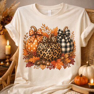 Pode incluir: Uma t-shirt cor de creme com um gráfico central de três abóboras decoradas com laços. A abóbora da esquerda é laranja com bolinhas brancas, a do centro tem estampa de leopardo e a da direita um padrão xadrez preto e branco.