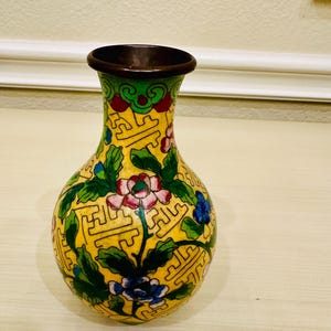 Chinese Cloisonné Vase in Yellow with Peony Flower Motif set in Brass. signed China