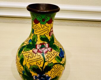 Chinese Cloisonné Vase in Yellow with Peony Flower Motif set in Brass. signed China