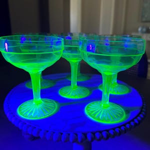 6 Green Block Optic Long Stem Sherbert/ Champagne Goblets Uranium Glass