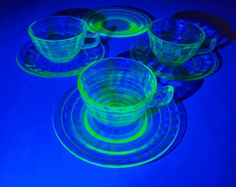 Green Block Optic Uranium Depression Glass Tea Cups and Saucers by Anchor Hocking Glass Company