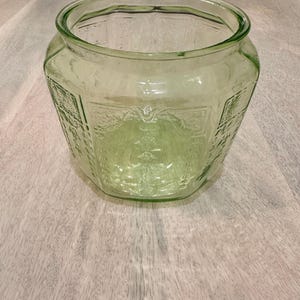 Green Princess Pattern Uranium Depression Glass Cookie Jar without Lid. By Hocking Glass Company