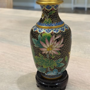 Vintage Chinese Cloisonné Vase with Bluebird and Lotus Motif. 6 inches Tall.