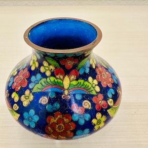 Chinese Cloisonné Vase with Vibrant Colors of Flowers and Moths Motif set in Brass