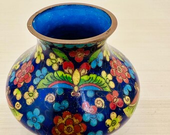 Chinese Cloisonné Vase with Vibrant Colors of Flowers and Moths Motif set in Brass