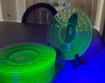 10 Green Block Optic Depression Glass 6 inch Plates. Uranium Glow Glass.