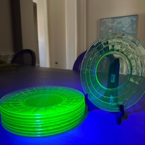8 Green Block Optic Uranium Glow Salad Plates by Anchor Hocking Glass Co.
