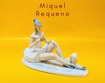 Porcelain Figure Miquel Requena Porcelain Ballerina Figurine Girl with Mirror and Dog Made in Spain Medium Size Vintage Stamp Marked 8 Rare