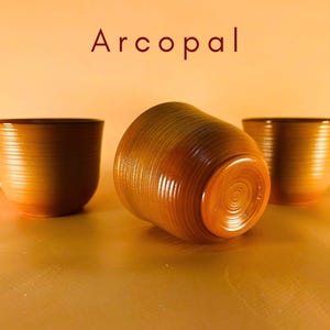 May include: Three brown ceramic mugs with a ribbed texture and a handle. One mug is lying on its side, revealing the bottom. The word "Arcopal" is written in red at the top of the image.