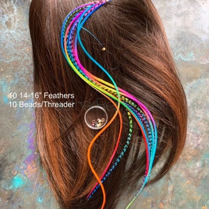 Hair Feathers Rainbow Hair Accessories Long Feather Hair Extensions Rainbow Colored Real Rooster Feather Extensions DIY Kit 10 14-16" / 10 Beads