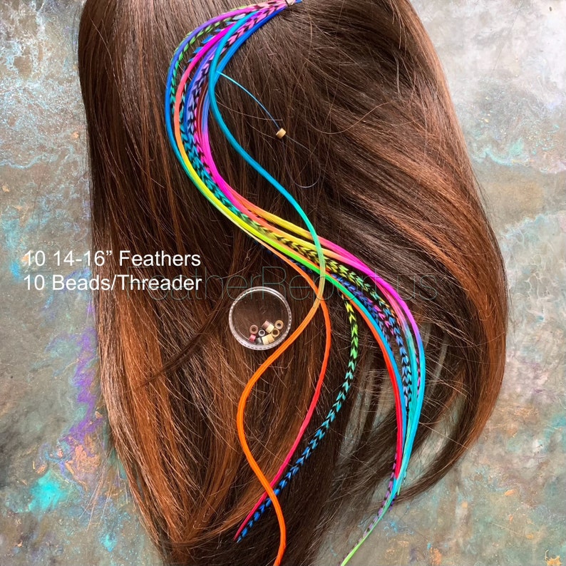 Hair Feathers Rainbow Hair Accessories Long Feather Hair Extensions Rainbow Colored Real Rooster Feather Extensions DIY Kit 10 14-16" / 10 Beads